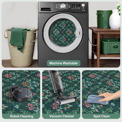 Tangsoo 2x6 Washable Runner Rug for Hallways, Non Slip Green Floral Carpet Runner, Soft Low Pile Floor Carpet Runner for Kitchen, Laundry, Bedroom, Bathroom, Living Room Home Decor