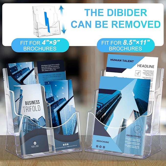 Acrylic Brochure Holder 8.5x11 & 4 x9 Inches, Clear 2 Tier Magazine Holder Brochure Display Stand w Removable Divider, Literature Pamphlet Flyer Holder for Wall Mount or Countertop