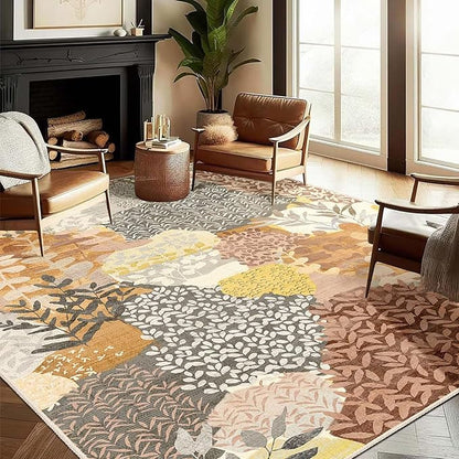 DEXDE Fall Washable Area Rugs 6x9 for Living Room, Floral Large Rug Boho Print Vintage Low Pile Non Slip Carpet for Bedroom Kids Room Nursery Office Dinning Room,Camel