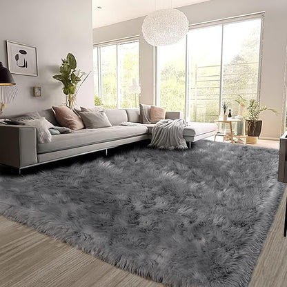 SERISSA Ultra Soft Faux Fur 6x9 Feet Fluffy Shaggy Area Rug Grey Faux Sheepskin, Fuzzy, Furry Throw for Living Room, Bedroom, Nursery