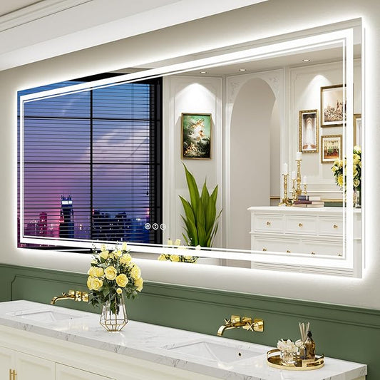 88x38 Inch LED Bathroom Mirror with Lights, Backlit & Front Lit, Anti-Fog Lighted Vanity Mirrors for Bathroom Wall, Dimmable, 3 Color Temperatures, Memory, Shatter-Proof, HD Tempered Glass