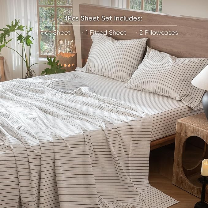 MooMee Striped Sheet Set 100% Washed Cotton Linen Like Textured Breathable Durable Soft Comfy (White Dark Grey Wide Stripes, California King)