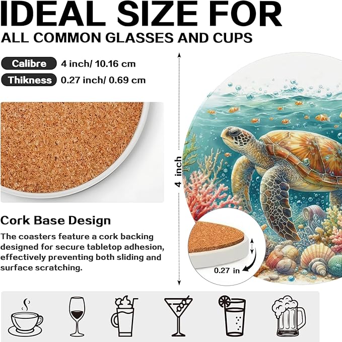 zcyhtqp, Funny Absorbent Round Ceramic Stone Coasters Set of 4 with Cork Base, Sea Turtles Round Ceramic Coasters, Gifts for Home, Kitchen, Bar, Coffee Table, Office Table Décor