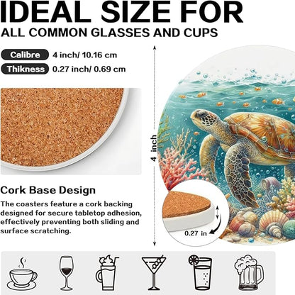 zcyhtqp, Funny Absorbent Round Ceramic Stone Coasters Set of 4 with Cork Base, Sea Turtles Round Ceramic Coasters, Gifts for Home, Kitchen, Bar, Coffee Table, Office Table Décor