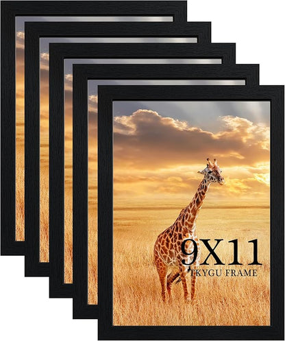 9 x 11 Picture Frame Set of 5, Poster Photo frame, Horizontal and Vertical Formats for Wall or Tabletop, 9 x 11 Black Wooden Frame with Shatter Resistant Plexiglass, best gift