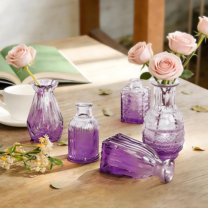Amethyst Purple Ombré Glass Bud Vases Set of 12, Vintage Small Flower Vases for Centerpiece, Boho Wedding, Party, Baby Shower, Embossed Assorted Tiny Vase Bulk for Table, Mantel, Home Decor
