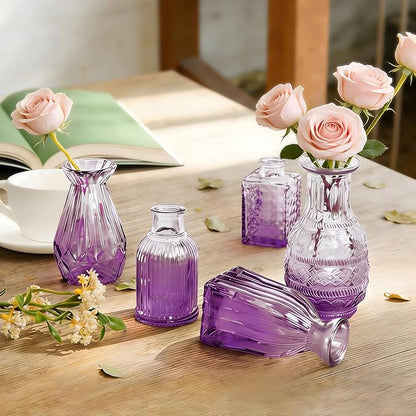 Amethyst Purple Ombré Glass Bud Vases Set of 12, Vintage Small Flower Vases for Centerpiece, Boho Wedding, Party, Baby Shower, Embossed Assorted Tiny Vase Bulk for Table, Mantel, Home Decor