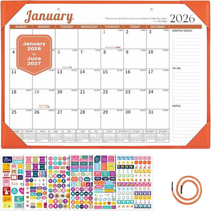 Ospelelf Desk Calendar 2026-2027 Wall Monthly Planner 12"x17" Leather Pad with Protective Cover 18 Months January 2026 - June 2027 Orange