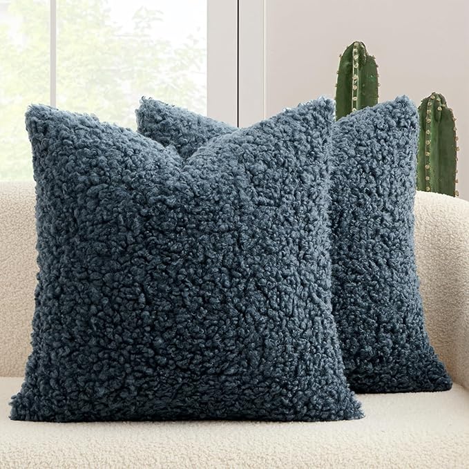 MIULEE Pack of 2 Throw Pillow Covers 20x20 Inch Neutral Navy Blue Faux Fur Decorative Sherpa Pillow Covers Fuzzy Accent Soft Sheepskin Fleece Cushion Cases for Boho Home Decor Couch Living Room Bed