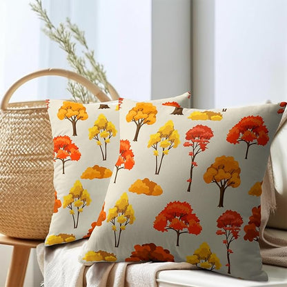 Fall Pillow Covers 18x18 Set of 2 Red Orange Maple Tree Leaf Autumn Outdoor Pillowcase with Zipper Forest Print Pattern Decorative Cushion Cover Rustic Decoration Farmhouse Sofa Couch Bed Decor