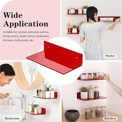 Sezanrpt 12 Inches Red Small Wall Shelves, Acrylic Bathroom Floating Shelves for Living Room, Bathroom, Bedroom, 2 Pack