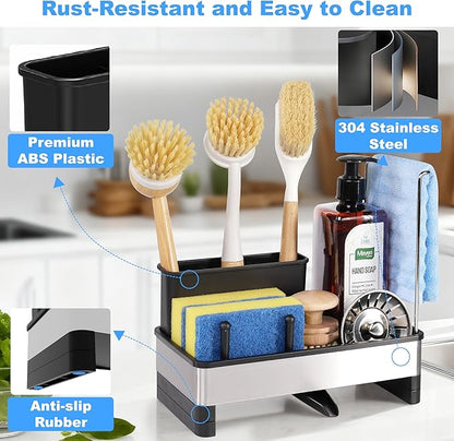 Kitchen Sink Caddy Organizer with Dish Brush Holder, Stainless Steel Sponge Holder with Dish Cloth Rack, Soap Sponge Caddy for Kitchen Countertop Sink Organizer and Storage Essentials
