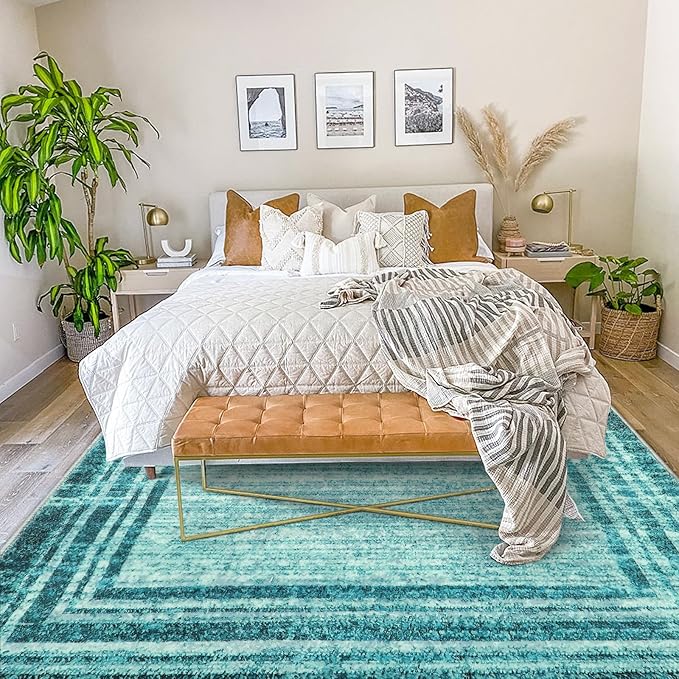 Lahome Modern Abstract 6x9 Area Rugs for Living Room, Washable Teal Bedroom Rug 6x9 Non Shedding, Low-Pile Soft Minimalist Bordered Indoor Large Carpet for Dining Room Playroom