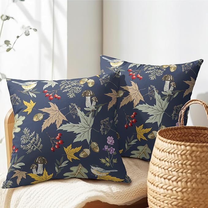 Bird Fall Pillow Covers 22x22 Set of 5 Navy Autumn Leaf Animal Print Pillow Cases Mushroom Acorns Pattern Outdoor Decorative Holiday Cushion Cover Rustic Decoration Farmhouse Home Sofa Couch Bed Decor