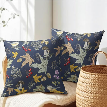 Bird Fall Pillow Covers 16x16 Set of 2 Navy Autumn Leaf Animal Print Pillow Cases Mushroom Acorns Pattern Outdoor Decorative Holiday Cushion Cover Rustic Decoration Farmhouse Home Sofa Couch Bed Decor