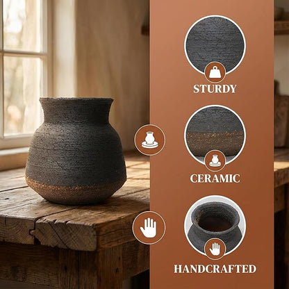 6IN Rustic Farmhouse Ceramic Vase Home Decor, Handmade Vintage Stoneware Clay Pottery Terracotta Textured for Modern Farmhouse, Living Room, Office Desk Table Shelf (Brown and Black)