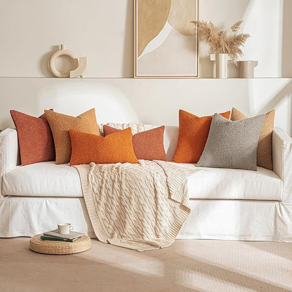 MIULEE 12x20 Inch Decorative Lumbar Throw Pillows for Bed Set of 2 Textured Boucle Neutral Winter Throw Pillow Covers Rust Accent Solid Pillowcases Sofa Livingroom Home Decor