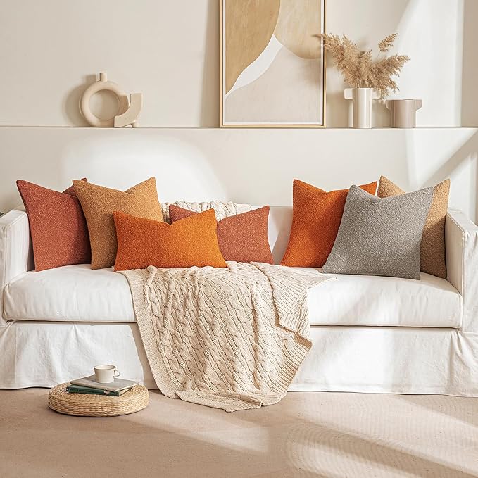 MIULEE 18x18 Inch Decorative Pillow Covers for Couch Bed Set of 2 Textured Boucle Neutral Winter Throw Pillows Burnt Orange Accent Solid Cushion Pillowcases Sofa Livingroom Home Decor