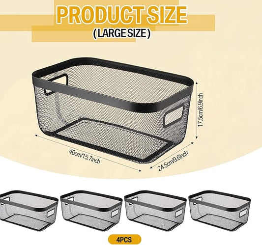 4 Pack Metal Mesh Basket with Hollow Handles Black Wire Storage Bin for Organizing Stackable Metal Fine Mesh Basket for Pantry Bathroom Kitchen Cabinets Shelves (X-Large)
