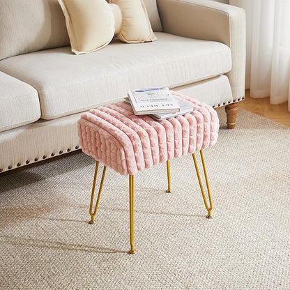 IBUYKE Rectangular Footrest Stool Ottoman, Makeup Vanity Stool Side Table, Velvet Dressing Table Seat, Footstool Chair, Golden Steel Legs, for Makeup Room, Bedroom, Square Grid Pattern, Pink WBD003P