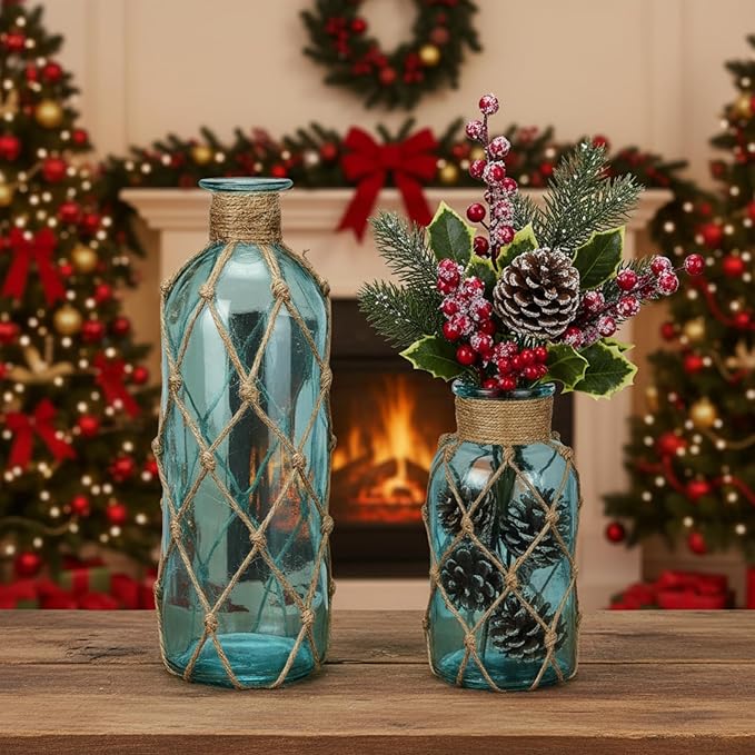 Chuangdi Set of 2 Coastal Glass Vases Christmas Vases for Flowers with Boho Rope Christmas Centerpieces for Tables Small Beach Bottle for Nautical Wedding Floral Arrangement Decorations(Light Blue)