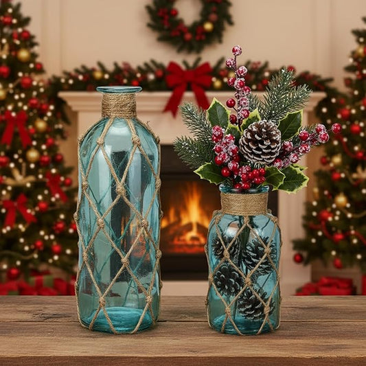 Chuangdi Set of 2 Coastal Glass Vases Christmas Vases for Flowers with Boho Rope Christmas Centerpieces for Tables Small Beach Bottle for Nautical Wedding Floral Arrangement Decorations(Light Blue)