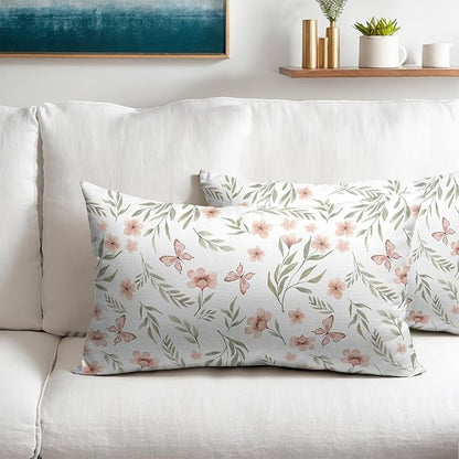 Spring Pillow Covers 12x20 Set of 2 Sage Green Pink Floral Throw Pillow Covers Boho Pillowcase Linen Decoration Farmhouse Soft Decorative Butterfly Cushion Case Couch for Indoor Outdoor Home Decor