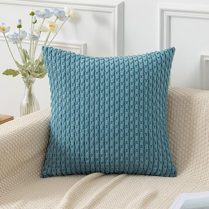 Kevin Textile Throw Pillow Covers Soft Corduroy Decorative Set of 2 Boho Striped Pillow Covers Pillowcases Farmhouse Home Decor for Couch Bed Sofa Living Room 18x18 Inch Light Blue