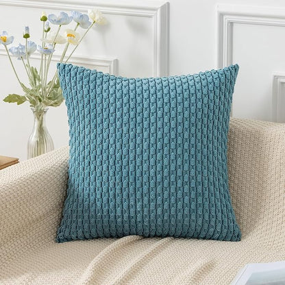 Kevin Textile Throw Pillow Covers Soft Corduroy Decorative Set of 2 Boho Striped Pillow Covers Pillowcases Farmhouse Home Decor for Couch Bed Sofa Living Room 24x24 Inch Light Blue