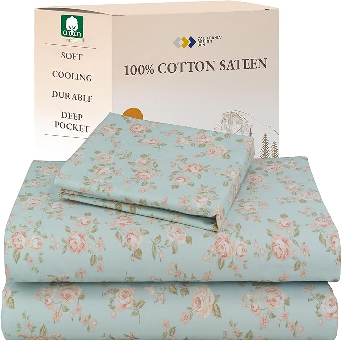 California Design Den Rose Sheet Set Twin XL, 100% Cotton Deep Pocket Twin XL Sheets & Pillowcase Set, Soft Sateen Weave - Vintage Rose