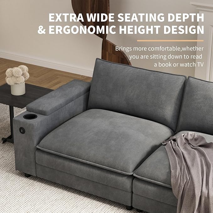 115" U Shaped Cloud Sofa Couch with Ottoman, Storage Armrest, Cup Holders, USB & Type-C Ports, Spring Cushions, Solid Wood Frame, Chenille Modular Sectional for Living Room (Dark Gray-U-115.2")