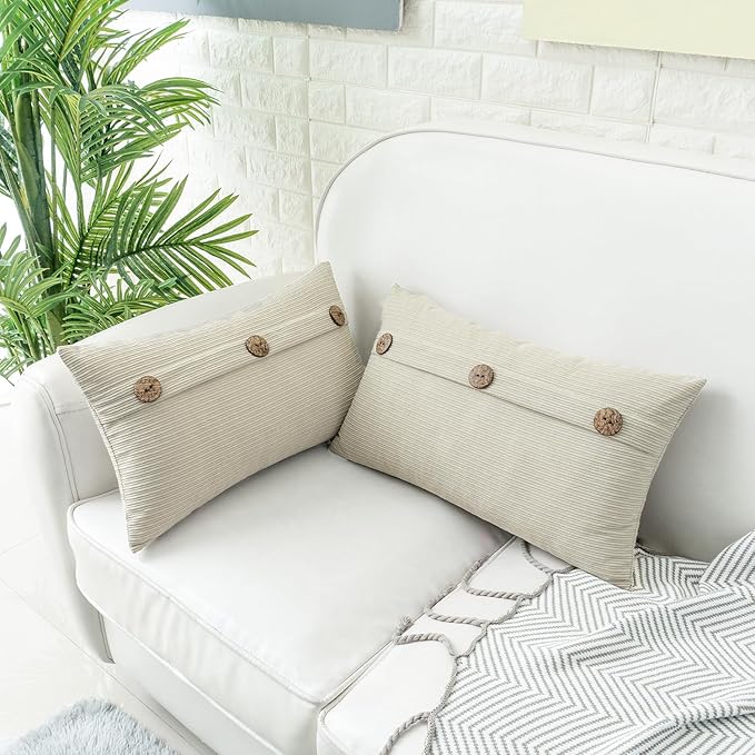 HWY 50 Cream White Chenille Throw Pillow Covers 12x20 Inch with Triple Buttons, Soft Farmhouse Accent Decorative Cushion Cases for Couch Sofa Bed Living Room Pack of 2 Rectangle