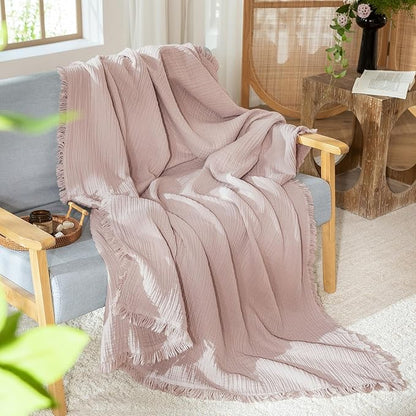 MooMee Muslin Blanket - 100% Cotton 4-Layer Gauze Throw Blanket with Tassels Ultra-Soft Breathable Lightweight Cooling for Bed Couch (Greyish Pink, Queen 90" x 90")