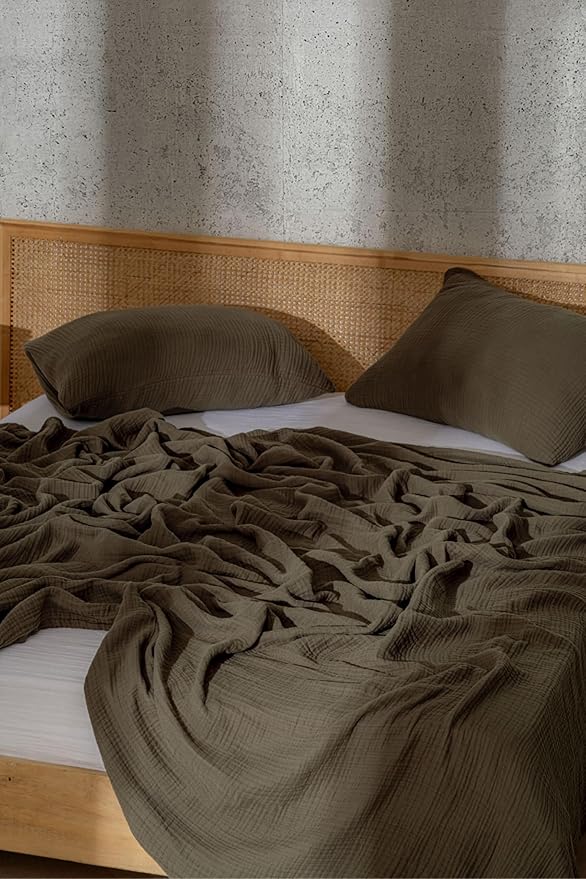 Muslin Blanket - Pure 100% Turkish Cotton Airy Soft Light Versatile Gauze Throw Blanket for Bed, Couch, Sofa (Khaki Green, California King Size (95" x 125" inch))