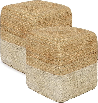 REDEARTH · Cube Pouf Ottoman - Braided Pouffe Accent Sitting Square Footrest for Living Room, Bedroom, Nursery, kidsroom, Patio, Gym; 100% Jute Set of 2 (14.5"X14.5"X16"; Natural Ivory)