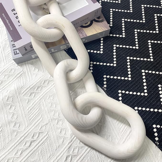 Wood Chain Link Decor | Hand Boho Carved Decor for Table , Shelf Decor Accents Rustic Farmhouse Aesthetic 5 Link Chain knot Decor Home Living Room, Bedroom, Entryway Coffee Table Decor (White)