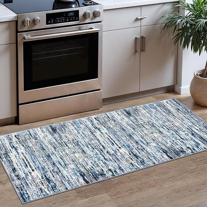 Modern Abstract Runner Rug 2x5, Grey Blue White Washable Entryway Kitchen Runner Non-Slip Soft Hallway Rug Runner Thin Print Faux Wool Carpet for Bedroom Laundry Room Indoor