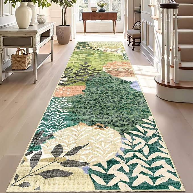 DEXDE Runner Rug 2x8 Washable Hallway Boho Soft Area Rugs Abstract Long Non Slip Leaves Floral Vintage Floor Carpet for Entryway, Kitchen, Laundry, Bathroom, Bedroom,Green