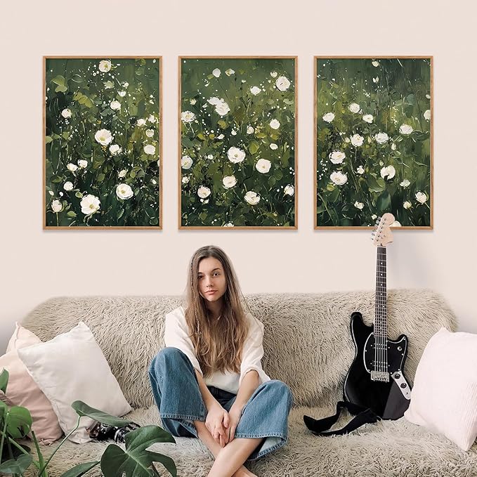 HLNIUC Green White Floral Framed Wall Art Set, Abstract Flower Canvas Wall Decor, Modern Botanical Wall Painting, Blossom Landscape Art Print for Living Room, Bedroom, Office - 16"x24"x3