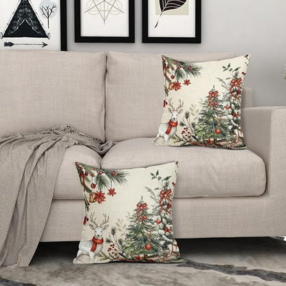Christmas Pillow Covers 22x22 Set of 2 Green Tree Throw Pillow Covers Winter Pillowcase Linen Decoration Farmhouse Bell Deer Cozy Soft Cushion Case Couch for Indoor Outdoor Home Decor