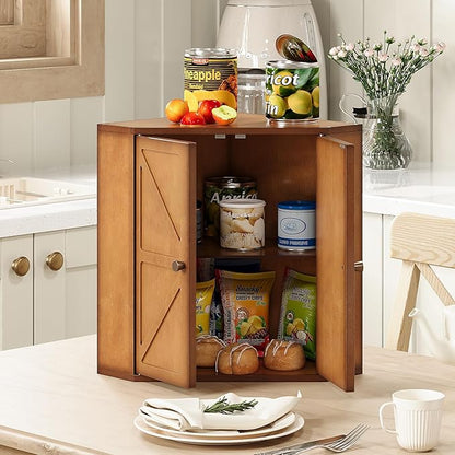 Corner Bread Box for Kitchen Counter Double Layer Bamboo Bread Storage Container Large Capacity Bread Storage Bin Farmhouse Breadbox Organizer (Antique Brown)