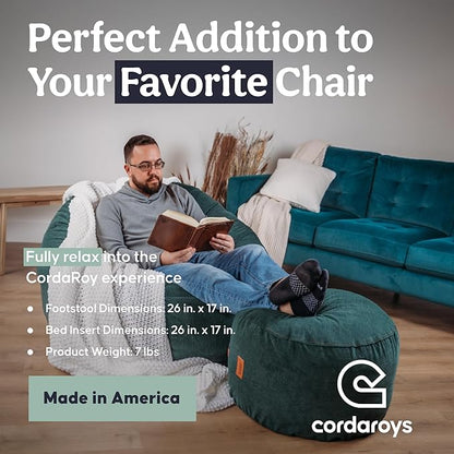 CordaRoy's Chenille Bean Bag Pouf Footstool - Washable Fabric Ottoman Cover with Durable Foam Insert - Versatile Footrest for Basement, Living Room, Office - 26" x 17" - Rainforest | Made in The USA