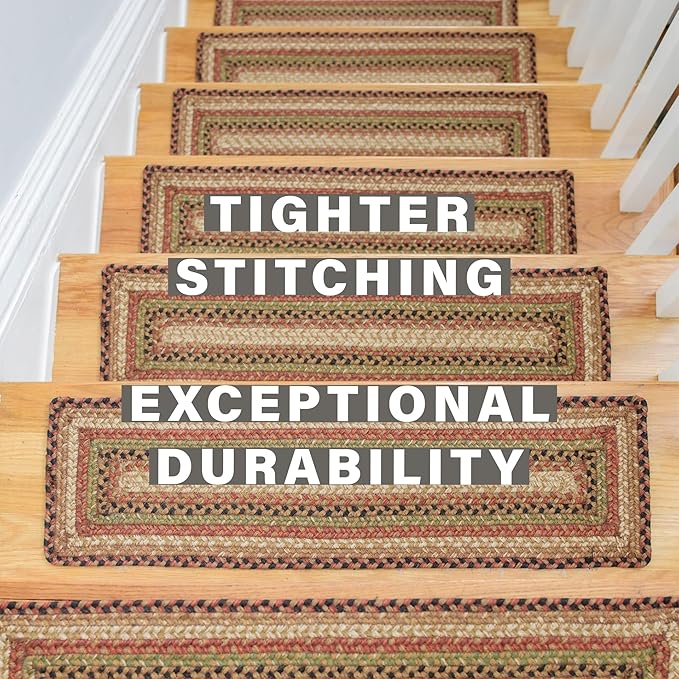 Homespice Gingerbread Jute Braided Stair Treads for Wooden Steps, Warm Country Decor, Set of 13, Brown 8x28 Rectangle Rug for Stairs - Easy to Clean, Tightly Stitched and Durable