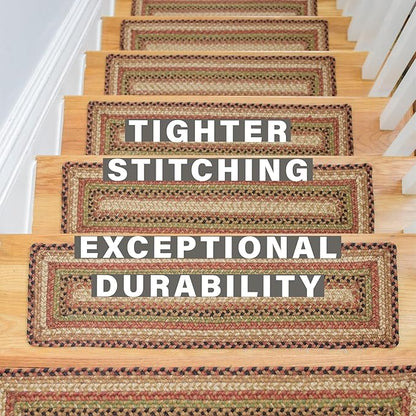 Homespice Gingerbread Jute Braided Stair Treads for Wooden Steps, Warm Country Decor, Set of 13, Brown 8x28 Rectangle Rug for Stairs - Easy to Clean, Tightly Stitched and Durable