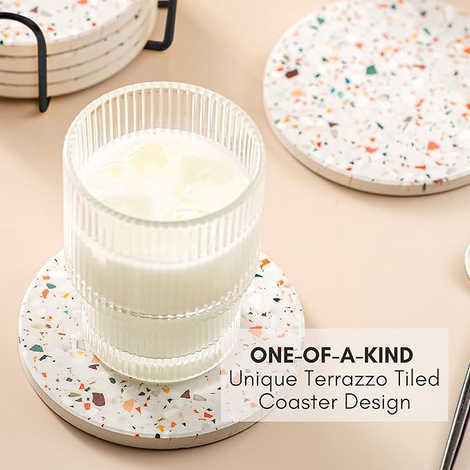 Absorbent Coaster Set of 6 with Holder, Drink Coasters for Coffee Table, Kitchen, Home Decor, Cute Ceramic Round Coasters, Alternative to Silicone, Cork or Glass Coaster (Marble with Black Holder)