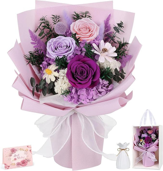 Flowers for Delivery Preserved Flowers with Vase That Last 3-5 Years Real Forever Flowers Purple Rose Bouquet for Mom Birthday Thanksgiving Christmas Gift for Women Grandma Wife Friends Her
