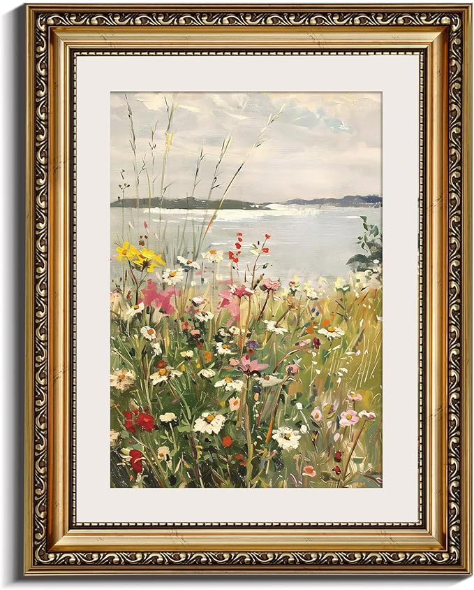 InSimSea Gold Framed Canvas Wall Art Room Decor Vintage Wildflower Field Landscape Decor Classical Floral Oil Painting Canvas Prints Coastal Flower Wall Decor for Living Room Bathroom Bedroom 11x14in