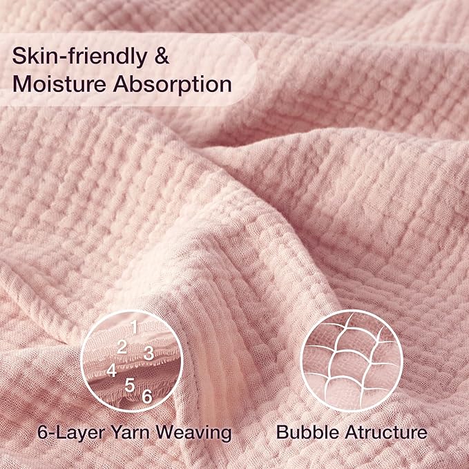 100% Cotton Muslin Blanket Twin 66" x 90", 6 Layers Breathable and Lightweight Cotton Blankets for Couch, Soft Cooling Summer Gauze Blanket for Adults All Season, Dusty Rose‌