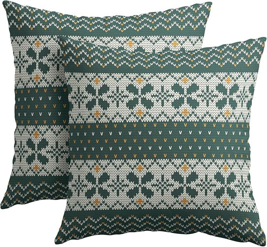 Dark Green Christmas Pillow Covers 18x18 Set of 2 Xmas Floral Pattern Rustic Decorative Outdoor Farmhouse Zipper Pillowcases Decorations Winter Holiday Throw Cushion Cover Decor for Couch Sofa Bed