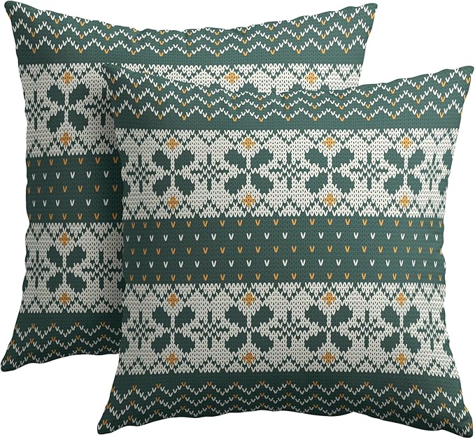 Dark Green Christmas Pillow Covers 16x16 Set of 2 Xmas Floral Pattern Rustic Decorative Outdoor Farmhouse Zipper Pillowcases Decorations Winter Holiday Throw Cushion Cover Decor for Couch Sofa Bed